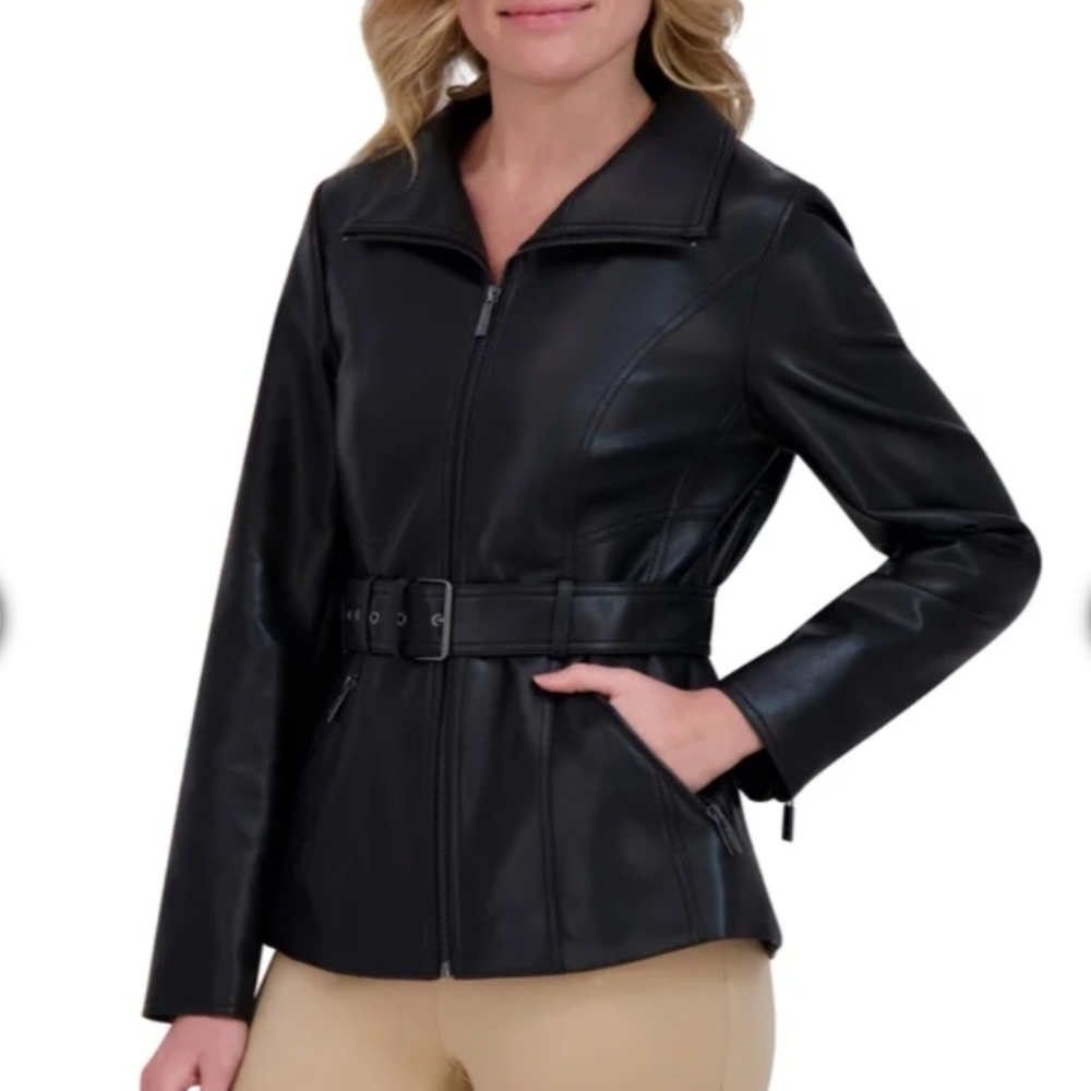 Kenneth Cole Women's Black Leather Belted Jacket
